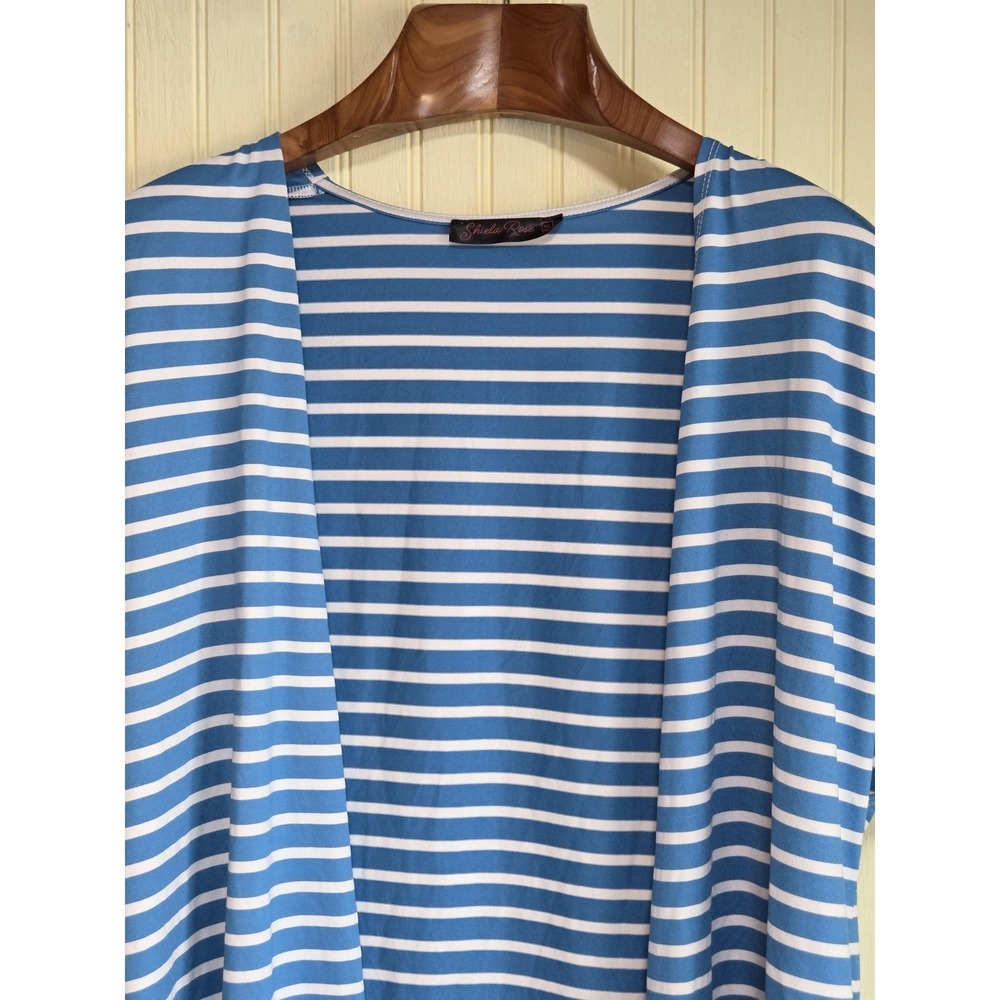 Shiela Rose Blouse Womens XL Blue White Stripe Kimono Open Front‎ Nautical Top